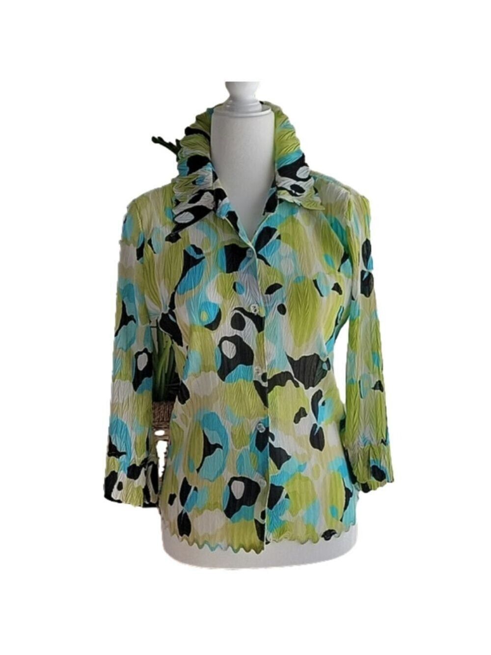 Essentials by Milano Scalloped Colorful3/4 Sleeve Buttondown Blouse Size Med EUC